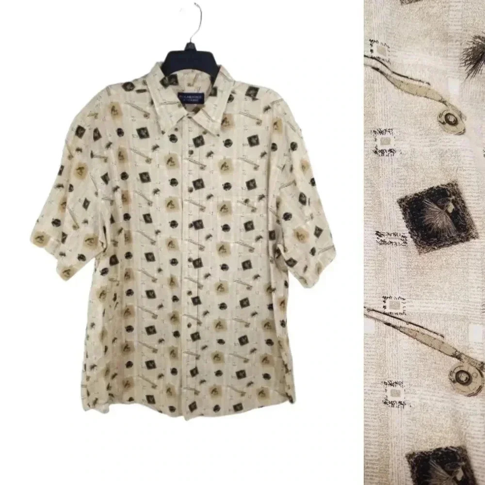 {Roundtree & Yorke} Mens Fishing Novelty Print Button-Down Casual Shir